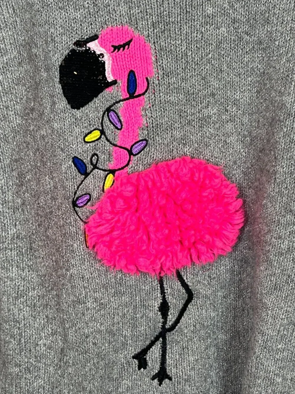 Justice Girls Gray Flamingo Sweater Size 14/16 Pom Pom Knit Pullover